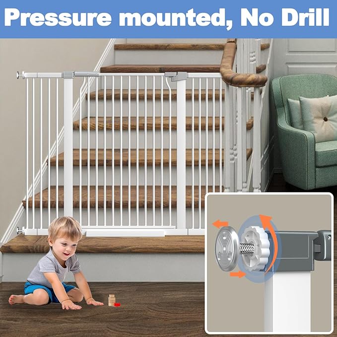 40.5" Extra Tall Baby Gate for Stairs, 29.6"-40.5" Extra Wide Dog Gate Indoor for The House, Auto Close Pressure Mounted Safety Child Toddler Gate, Pet Gate for Doorways Kitchen, White