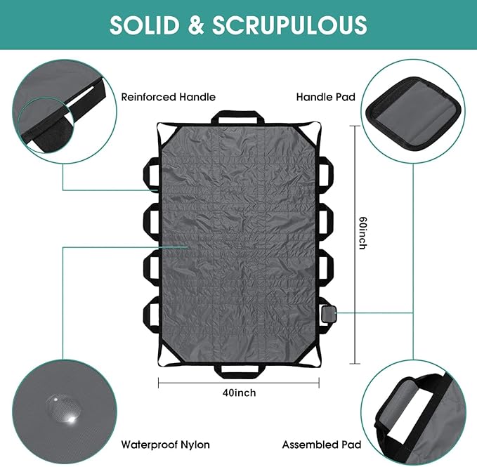 60" x 40" Positioning Bed Pad with Handles Washable Draw Sheets for Hospital Bed Ridden Patient Clothes Waterproof Glide Sheets for Patients Moving Pad for Lifting &Transfer Sheet Nylon, Grey