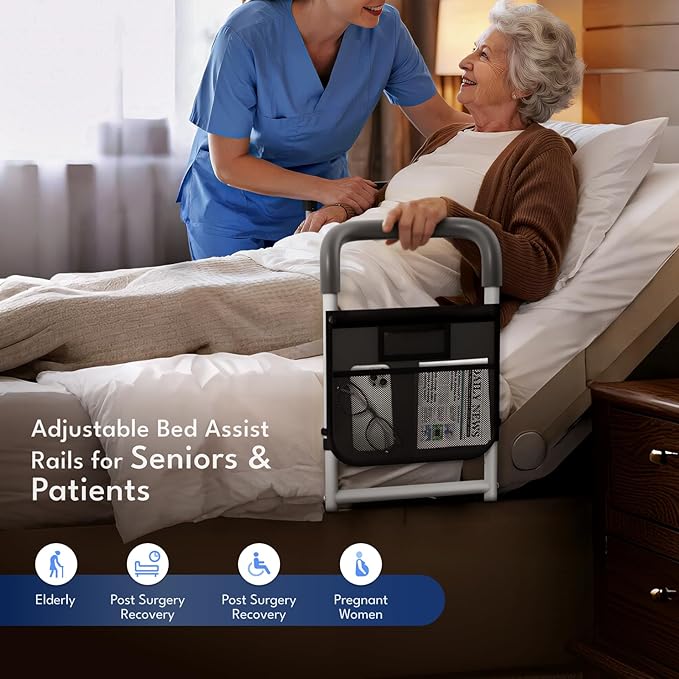 HOMEAL Bed Rails for Elderly Adults Safety - Adjustable Bedside Assist Rails for Seniors with Sensor Light, Portable Bed Cane with Non-Slip Handle & Fixing Strap, Fit Standard & Adjustable Bed(Grey)