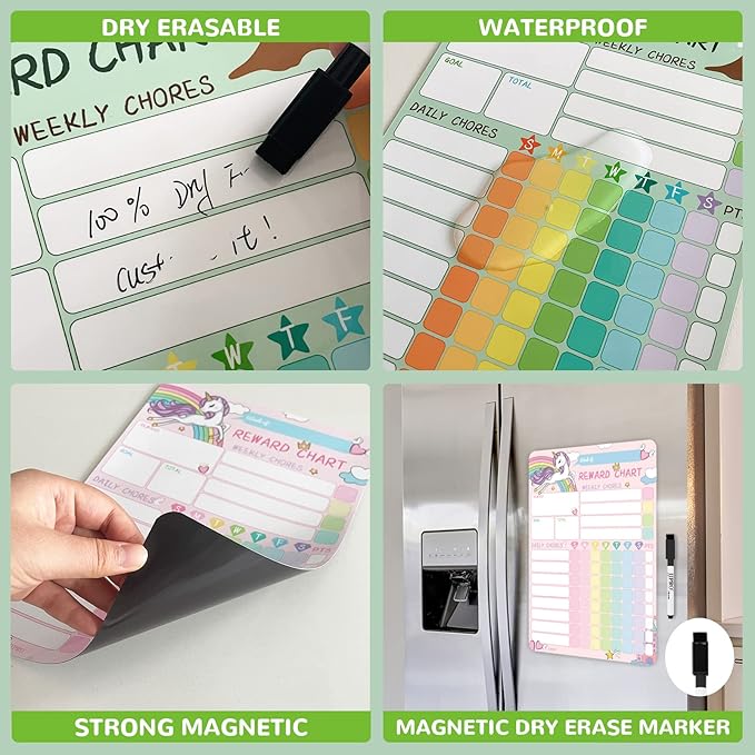 Magnetic Dry Erase Chore Chart for Two Kids, Reward Chart for Kids Behavior. Includes 52 Static Tasks, 126 Golden Stars and Dinosaur & Unicorn Magnetic Charts Each