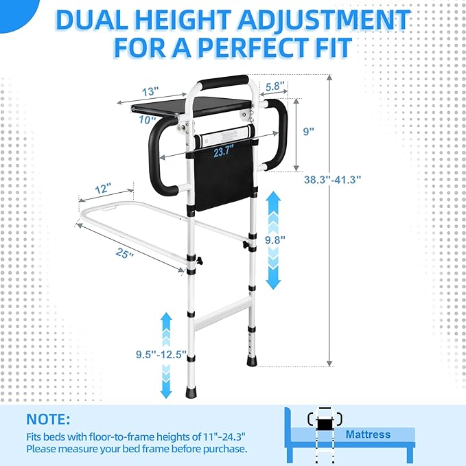 Bed Rails for Elderly Adults Safety with Foldable Tray & Motion Sensor Light, Adjustable Height Bed Assist Bar with 3 Handles, 350 lbs Capacity Bedside Support Rail, Easy to Install