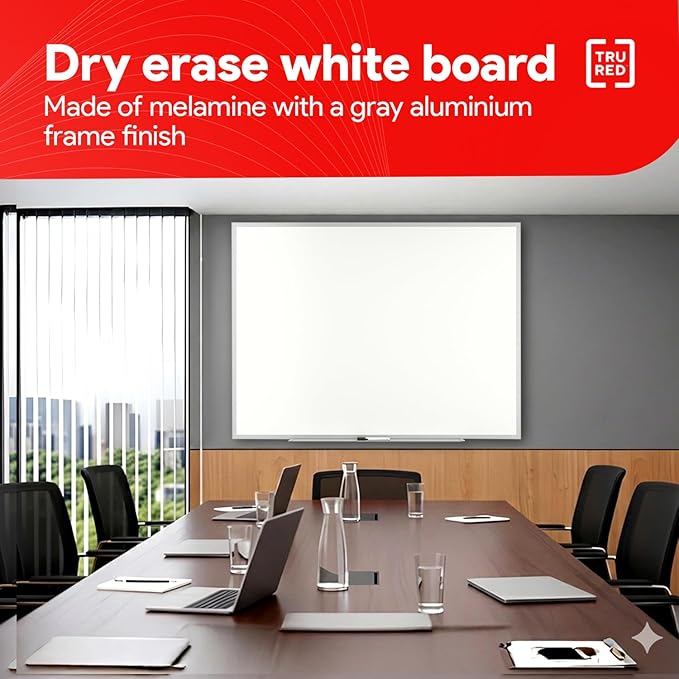 TRU RED Melamine Whiteboard | Dry Erase Board for Wall, White Board with Black Aluminum Frame, 4 ft x 3 ft, 1 Black Marker Included