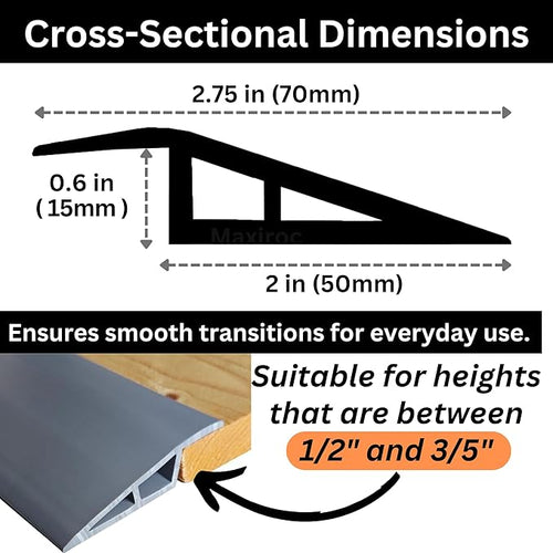 1/2" to 3/5" Height Threshold Ramp - Rubber Threshold, Floor Transition Strip, Wheelchair Ramp, Door Strip, Carpet to Tile Strip (Gray, 40 inches)