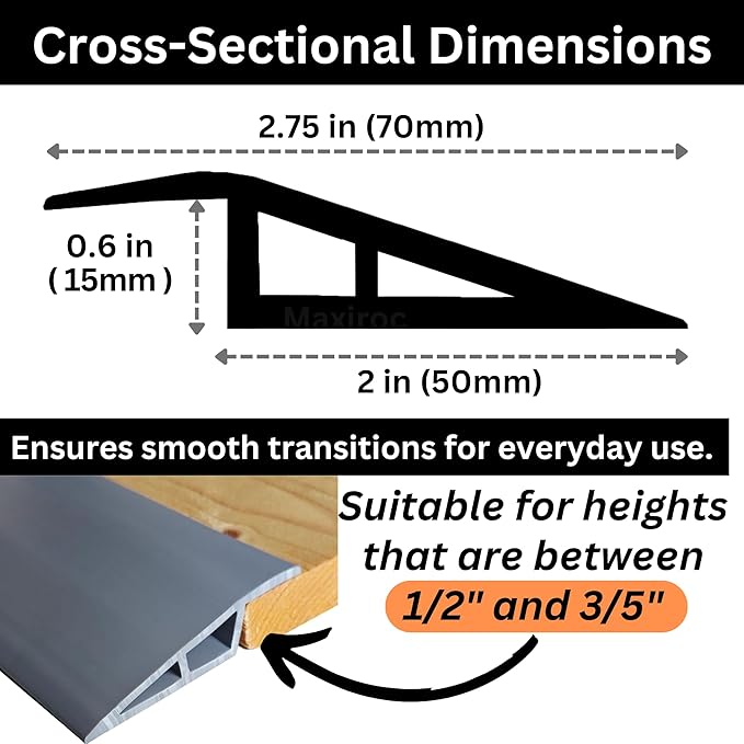 1/2" to 3/5" Height Threshold Ramp - Rubber Threshold, Floor Transition Strip, Wheelchair Ramp, Door Strip, Carpet to Tile Strip (Gray, 80 inches)