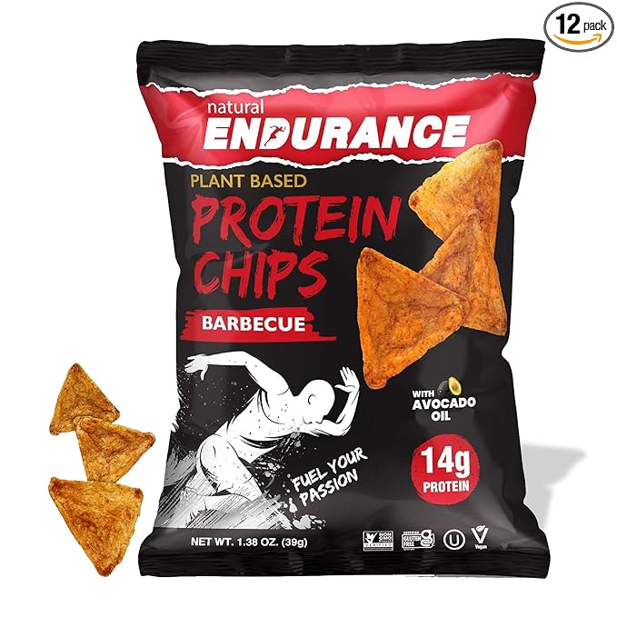 Natural Endurance Protein Chips - Barbecue Chips, Low Carb Chips, High Protein Snack, Vegan Protein with Avocado Oil, 14g Protein Per Bag, Gluten Free, BBQ Flavor - 1.38 oz Bags (Pack of 12)