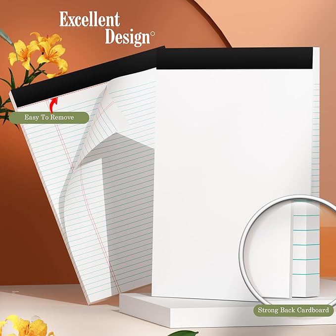 White Legal Pads 8.5 x 11 Writing Note Pads 9/32'' College Ruled & Double-Sided Printing - 30 Sheets Premium Thick Paper - 38 Lines Perforated Notepads 8.5 x 11'' 6 Pack for Office, Homework