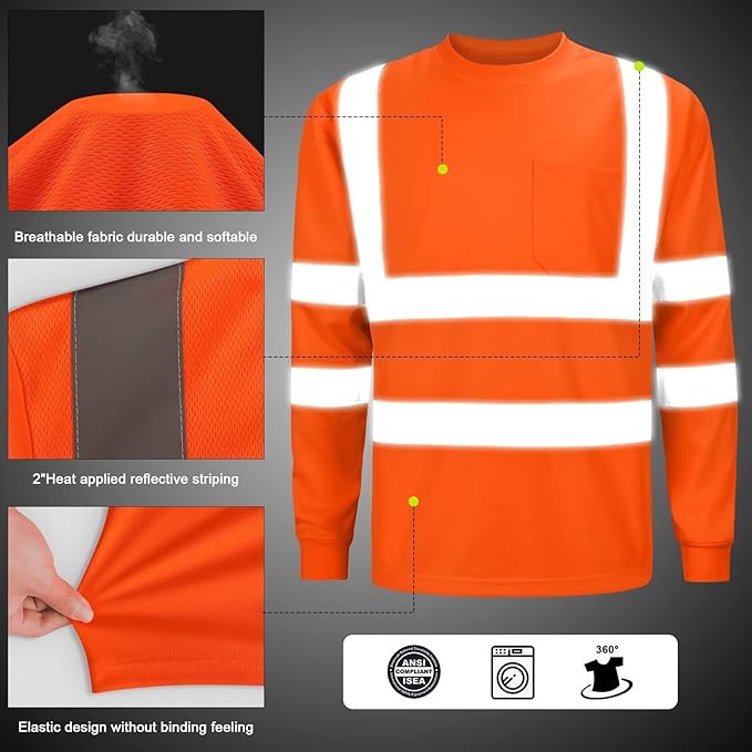 High Visibility Class 3 T Shirts，Hi Vis Safety Shirts with Reflective Strips and Pocket, Long Sleeve Quick Dry Mesh Construction Work Shirt for Men/Women Orange,3XL