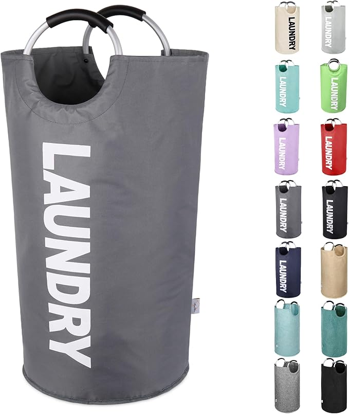 Large Laundry Basket Collapsible，Freestanding Clothes Hamper Bag with Handles – Tall Folding Dirty Laundry Bin，Sturdy Laundry Sorter for College Dorm，Laundry Room – 95L (Dark Grey)