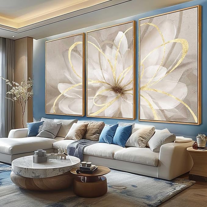 SOUGUAN Living Room Decor White Flower Artwork Gold Canvas Wall Art Abstract Line Painting for Bedroom Kitchen Dining Room Home Wall Decor 26"x40"x 3 Pieces