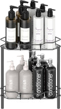 2 Tier Floor Standing Corner Shower Caddy Organizer Shelf with Hooks, Bathroom Shelves Stand Rack, Matt Black