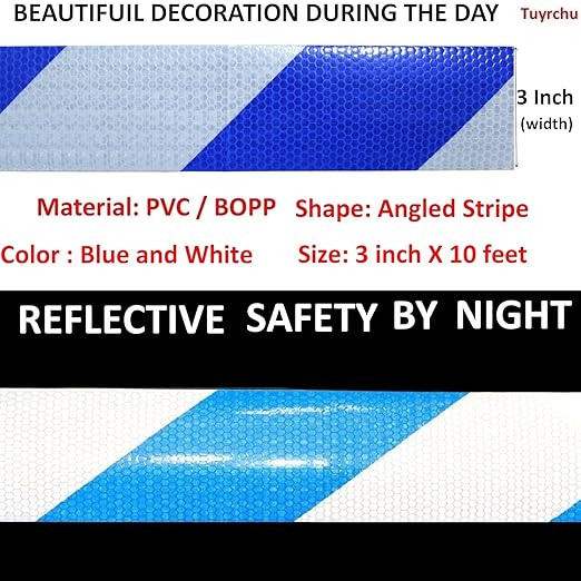 Blue and White Reflective Tape Outdoor Waterproof 3 inch X 10 feet, High Visibility Hazard Conspicuity Safety Industrial Marking Tape