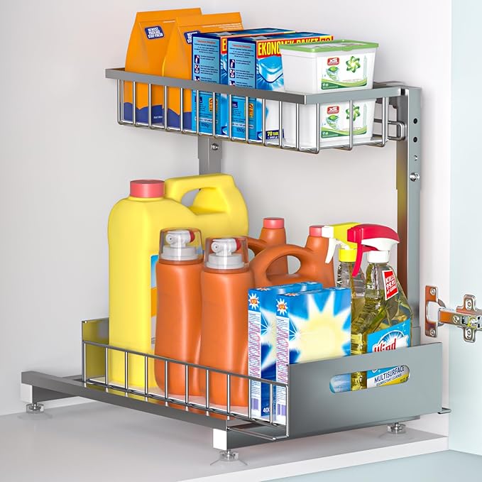 Pro Under Sink Organizer Storage: Premium Metal 2-Tier Pull-Out Wire Basket Organizer, L Shape Height Adjustable, Easy Installation | Kitchen & Bathroom Cabinet Organizers Pack 1