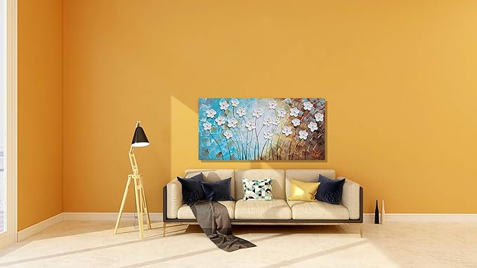 YHSKY ARTS Artisan Crafted Three Dimensional White Floral Relief Wall Decor, Abstract Botanical Canvas Artwork forLiving Room Bedroom Decor
