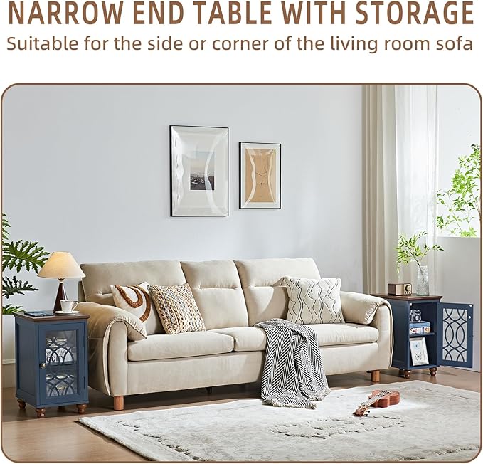Narrow Side Table Set of 2 with Glass Door, 18 x 14'' Night Stand with Adjustable Shelf Storage Cabinet Organizer, Bedside End Tables Wood Nightstand for Small Spaces Living Room Bedroom