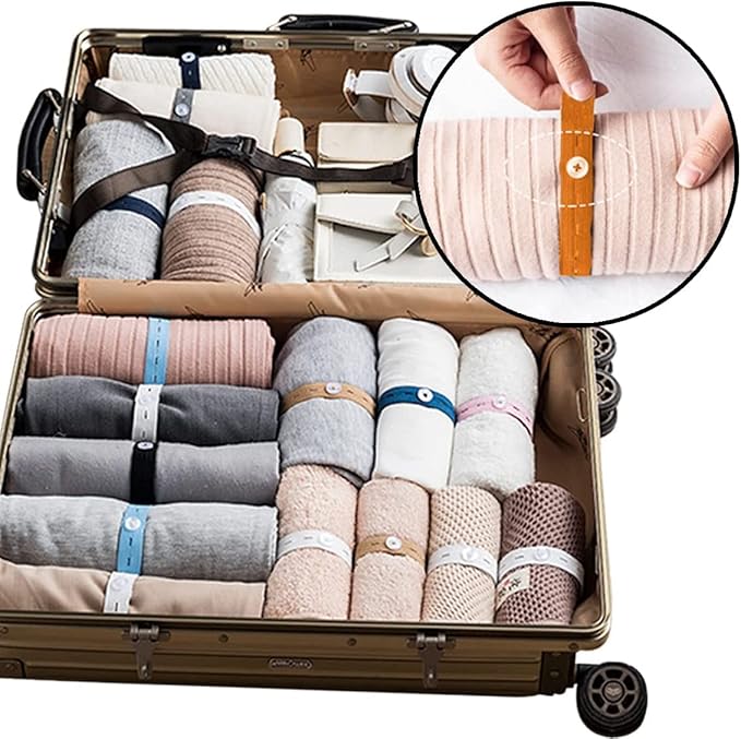 Bed Sheet Organizer Bands 20Pcs Elastic Band with Buttonholes, Stretchable Connectable, Roll-up Adjustable Clothing Storage Strap with Button, Luggage Space Saver, Drawer & Closet Organizer, Blue