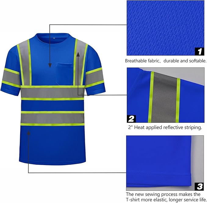 High Visibility Shirts Quick Dry Safety T Shirts with Reflective Strips and Pocket Short Sleeve Mesh Hi Vis Construction Work Class 2 Shirt for Men/Women Blue,Large