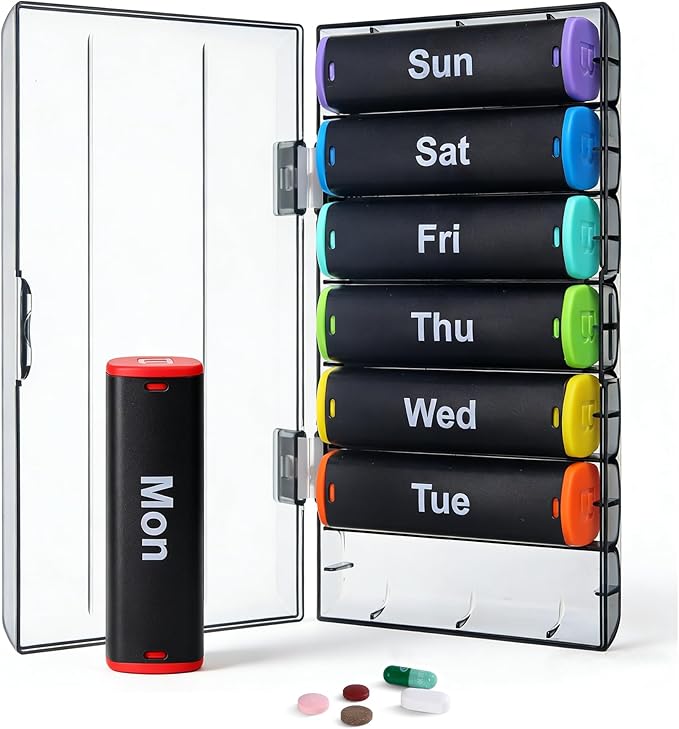 Weekly Pill Organizer 2 Times a Day - 7 Day AM PM Pill Box Large Travel Pill Case, Daily Pill Container Dispenser for Vitamins, Supplements, Fish Oils, Medication Storage Pill Holder, Black