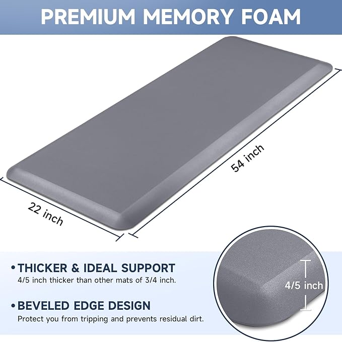 4/5 Inch Thick Kitchen Mats for Floor, StepRite Kitchen Rug for Standing Desk, Non-Slip, Thicker, Stain & Water Resistant, Comfort Anti Fatigue Floor Mat for Home, Kitchen, Office - Grey,54 * 22''