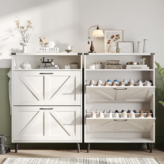 Shoe Cabinet with 2 Flip Drawers & Open Storage,Farmhouse Shoe Storage Cabinet for Entryway,Freestanding Narrow Organizer Rack with Legs,Foyer,Hallway,White