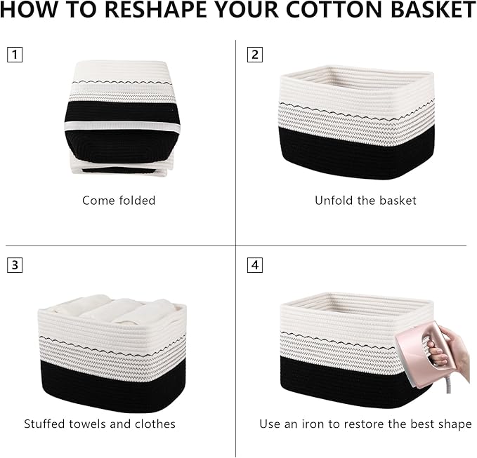 4 Pack Storage Baskets for Organizing, 13"X9"X7.87", Decorative Cotton Rope Baskets with Wave-Patterned Embroidery for Shelves, Small Woven Basket for Toys, Books and Towels, Black & White