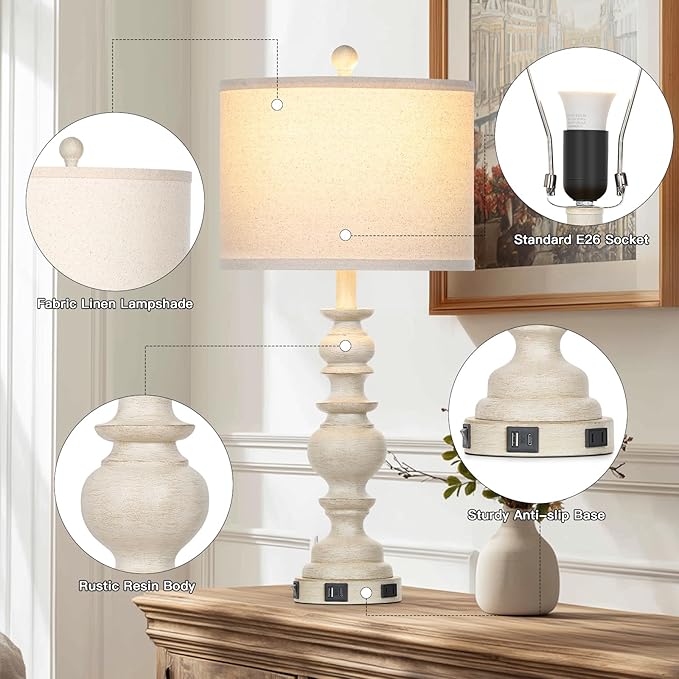 27.5" Beige Farmhouse Table Lamps for Living Room, Rustic Bedside Lamps with USB C+A Ports & AC Outlet, Vintage Bedroom Lamp Set of 2, Tradition Night Stands Lamp for Side End Table Desk
