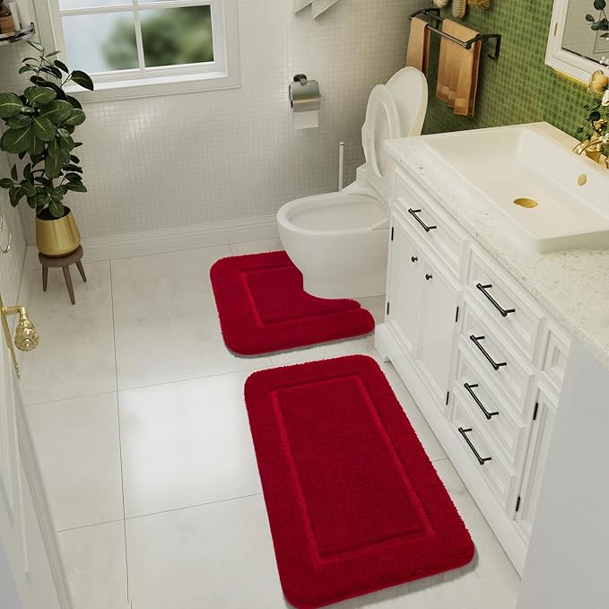 LOCHAS Bathroom Rug Set Red, Soft Bath Rug Set 2 Piece Set, Toilet Mat U-Shaped 20x20 and 34x20 Bath Rugs, Quickly Dry Mats for Bathroom, Tub, Washable, Super Absorbent Floor Mat