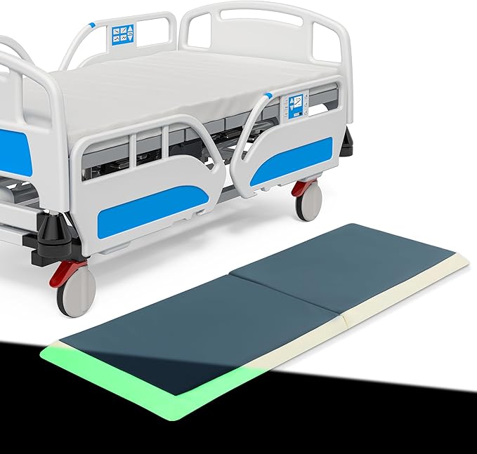 MABOZOO Fall Mat for Elderly with Glow-in-The-Dark Strips, 66"x24"x2" PU Leather Fall Mattress with Beveled Edge, Bi-Fold Bedside Safety Protection Mat for Patients, Seniors, Caregivers