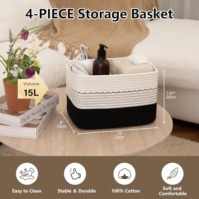 4 Pack Storage Baskets for Organizing, 13"X9"X7.87", Decorative Cotton Rope Baskets with Wave-Patterned Embroidery for Shelves, Small Woven Basket for Toys, Books and Towels, Black & White
