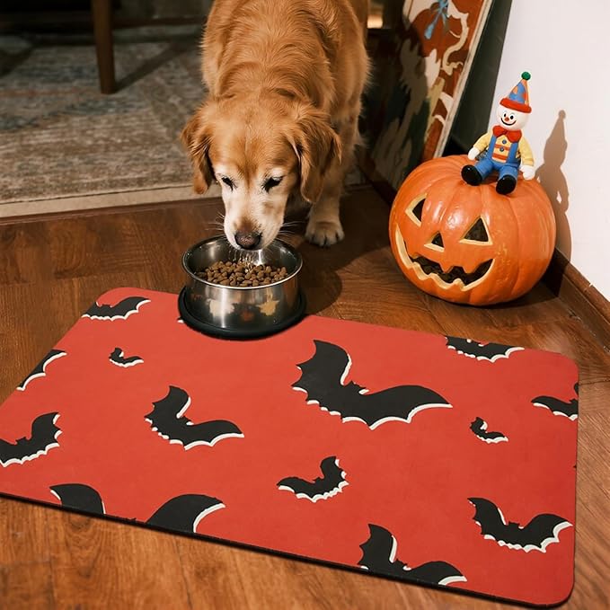 Halloween Bath Mat, Thin Halloween Bathroom Rug Non Slip Quick Dry Bat Bath Mat Fits Under Door Thin Floor Mat Halloween Decor, 17''x30'', Gothic Bats Orange