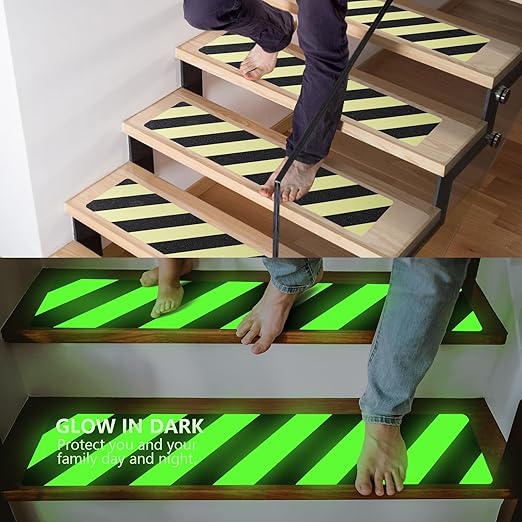 LifeGrip Anti Slip Traction Treads, Glow in The Dark Striped Treads (10-Pack), 6" X 32", Best Grip Tape Grit Non Slip, Outdoor/Indoor, High Friction Abrasive Adhesive for Stair Step, Luminous Green
