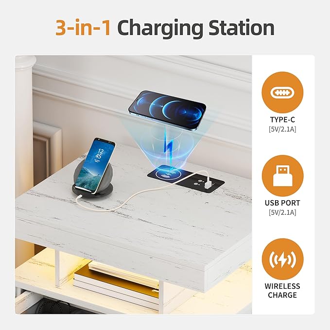 Gurexl Farmhouse Set of 2 Night Stand with Lockable Gun Drawer,LED Nightstand with Charging Station,Bedside Table with Human Sensor 3-Color Lights,End Table with 3 Drawers,Bedroom,White