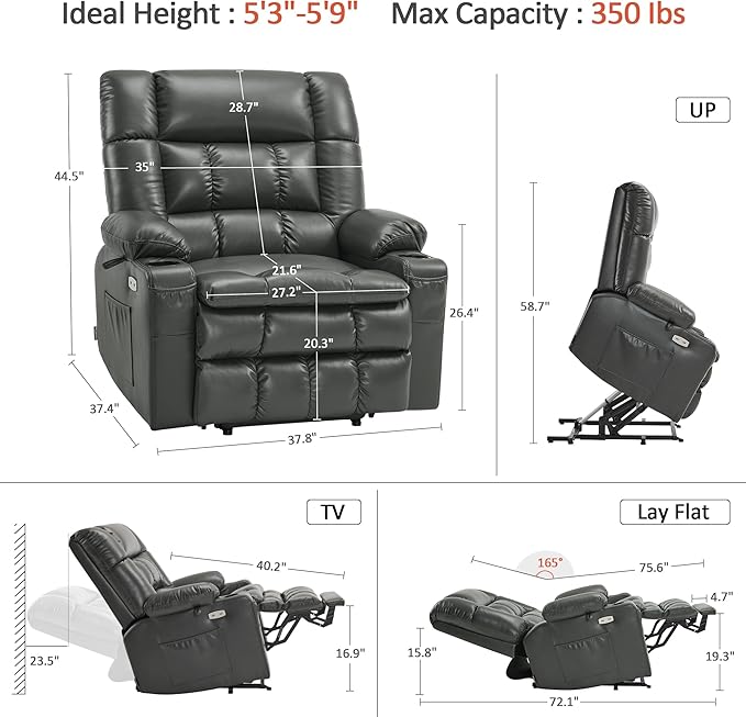 MCombo Dual Motor Power Lift Recliner Chair for Elderly, Lay Flat Lift Chair with Heat and Massage, Extra Wide Lift Recliner for Big People, Cup Holders, Faux Leather R7897 (Grey, Medium-Wide)