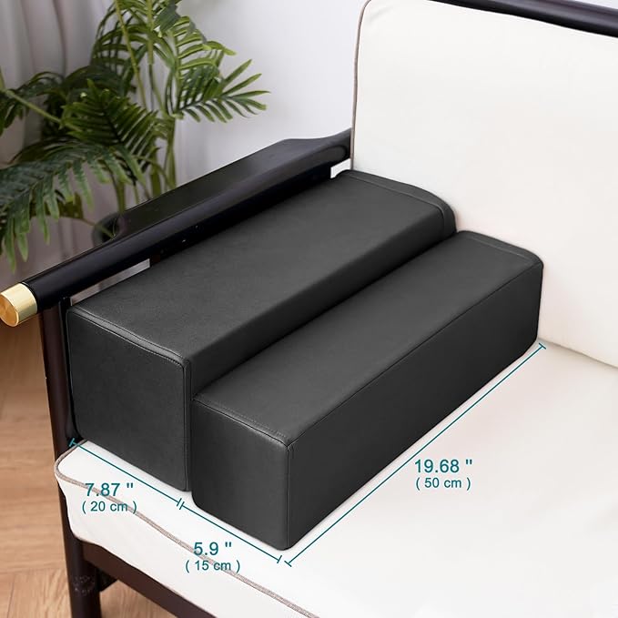 2 Pack Couch Arm Rest Pillow, 8''x8''x20'' Faux Leather Waterproof Cover, High Density Foam Armrest Cushion, Removable & Washable Elbow Support for Sofa, Bed, and Armchair (Black)