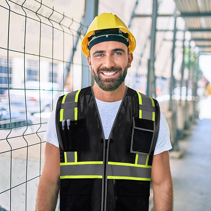 SKSAFETY 10 Pockets Safety Vest, Class 2 High Visibility Security with Zipper Double-sided mesh, Hi Vis Vest with Reflective Strips, ANSI/ISEA Standard, Construction Work Vest （Black, L）