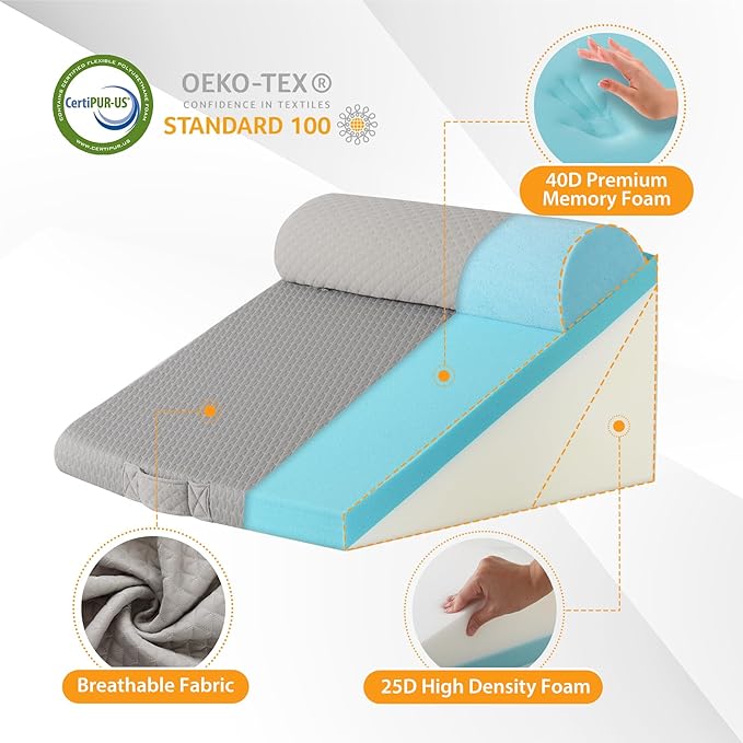 3PCS Wedge Pillow Set for After Surgery, Adjustable 9&12 Inch Bed Wedge Pillow for Sleeping, Incline Pillow Wedge for Headboard, Post Surgery, Acid Reflux, Neck&Back Support, Grey
