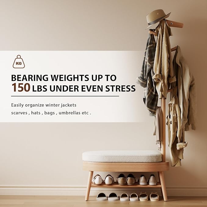 AQIMUELE Shoe Bench Entryway,Coat Rack with Shoe Storage, Coat Rack and Shoe Rack, Wooden Narrow Shoe Bench（Natural）