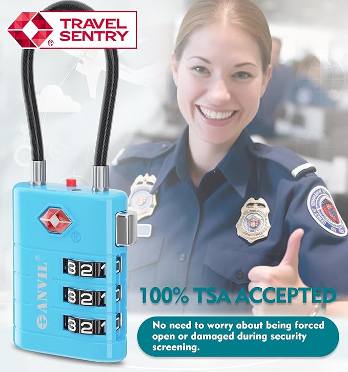 ANVIL TSA Approved Luggage Locks – High Security TSA008 Combination Travel Locks with Inspection Indicator for Suitcases and Backpacks. (4 Colors)