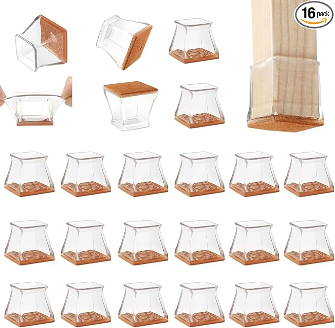 CHUNZEXI 16 Pack Square Chair Leg Floor Protectors for Hardwood Floors, Silicone Felt Covers Pads Caps, Protect Wood Furniture Feet Floors Noise Reduce and Scratch (Square Small & Clear)