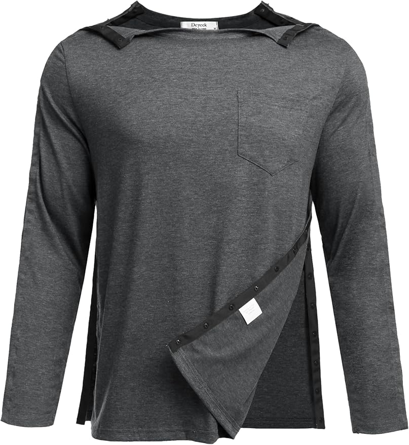 Deyeek Men's Post Shoulder Surgery Recovery Shirts Full Tear Away Long Sleeve Snap Chemo Port Access Shirt