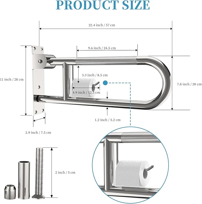 Toilet Grab Bar 22.4 Inch Chrome, Munzong Anti-Slip Handicap Grab Bars with Paper Holder, Flip-Up Bathroom Safety Rails, Stainless Steel Knurled Support handrails for Seniors Elderly Disabled Pregnant
