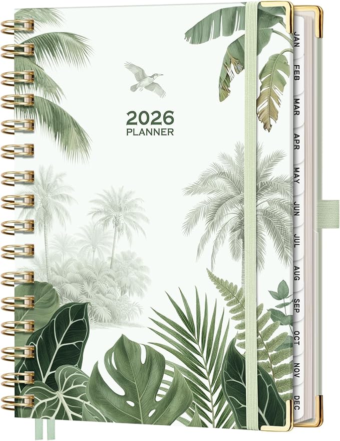 AHGXG 2026 Planner, Weekly and Monthly Planner for Women, Jan 2026 - Dec 2026, Medium Size (5.7" x 8.3"), Calendar 2026, Hardcover with Monthly Tabs, Spiral-Bound, 100 GSM Thick Paper, Green-Forest