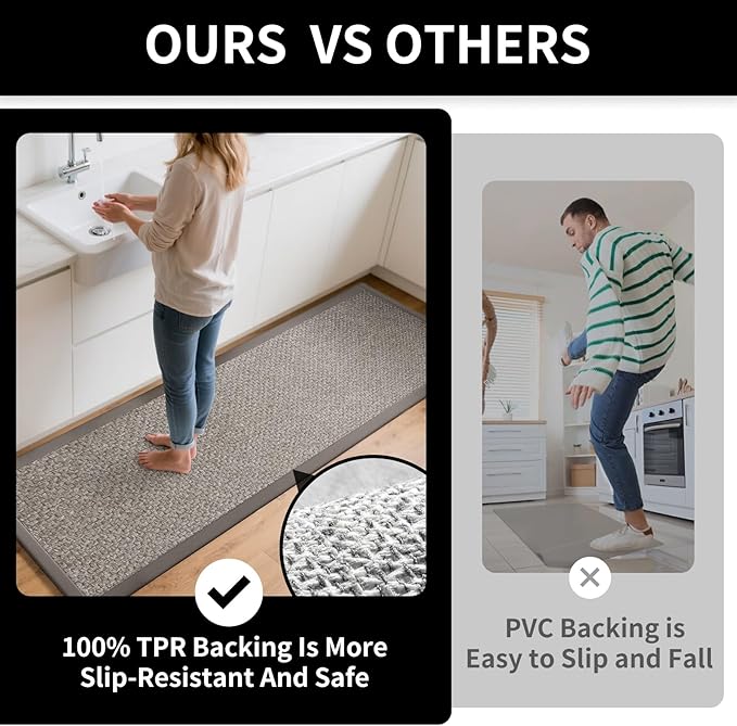 Kitchen Mats for Floor, Rubber Backing Kitchen Rugs Non Slip Washable, Super Absorbent Jute-Like Braid Kitchen Runner Rug Sink Mat Standing Mat, Easy to Clean, Gray 17"x30"