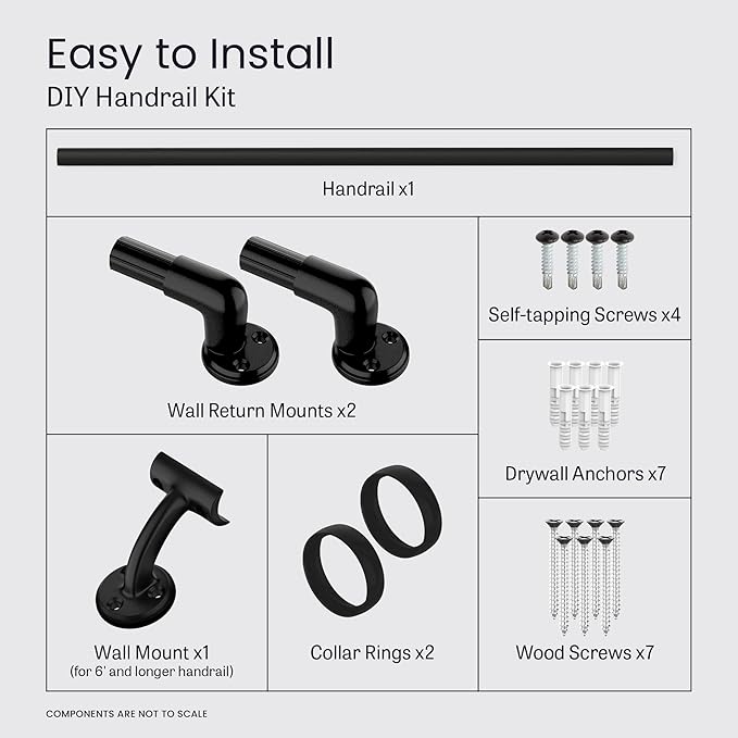 Meranti Aluminum Handrail for Stairs - ADA Compliant Wall Returns - Handrails for Indoor Stairs - Metal Handrail, Powder Coated for Outdoor Environment, DIY Handrail Kit (WHR, Black Textured, 6' L)