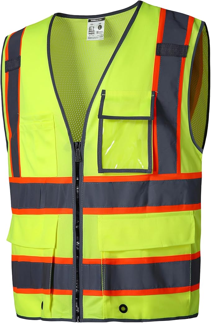 SKSAFETY 10 Pockets Safety Vest, Class 2 High Visibility Security with Zipper Back Mesh, Hi Vis Vest with Reflective Strips, ANSI/ISEA Standard, Construction Work Vest for Men ＆ Women （Lime, 3XL）