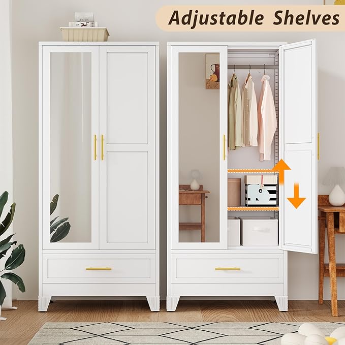 Metal Wardrobe Storage Cabinet with Mirror and Hanging Rod,71'' Metal Clothing Cabinet with 2 Doors and Drawer for Bedroom, Laundry Room, Cloak Room (White)