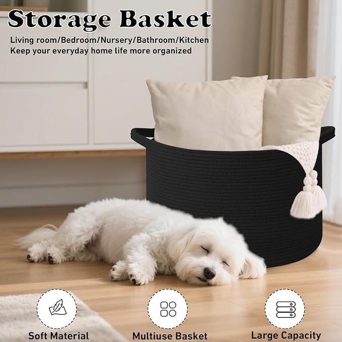 Large Storage Basket with Handle,23.6" x 23.6" x 15.7" Blanket Basket Storage Bins for Organizing,65L Cotton Rope Woven Baskets for Living Room, Nursery,Bedroom,Black