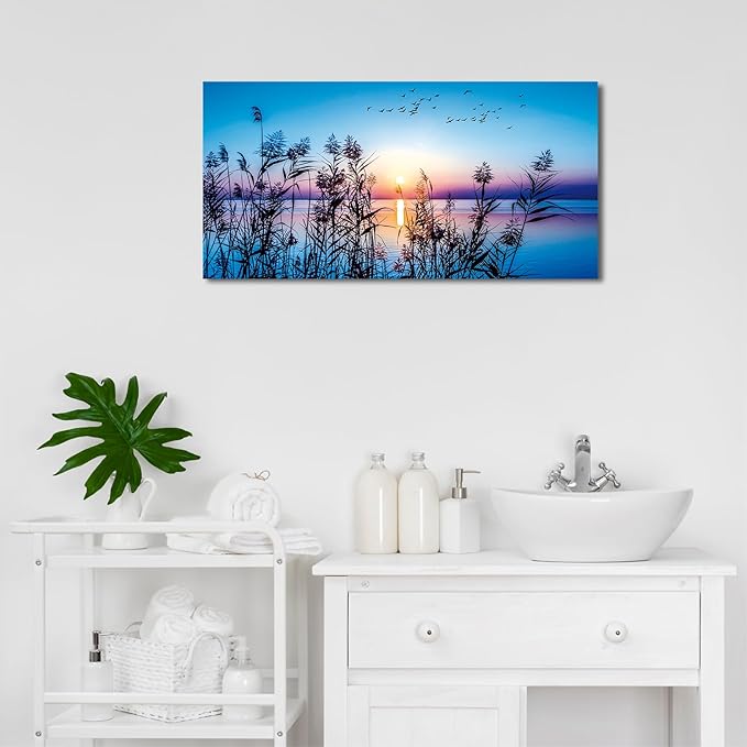 arteWOODS Sunset Lake Canvas Wall Art - Nature Pictures for Home Decor Reed Birds Sunlight Canvas Painting Blue Sky Lake Scene Print Artwork for Living Room Bedroom Office Wall Decoration 20" x 40"