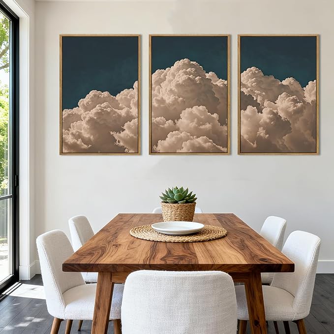 IARTTOP Large Cloud Canvas Wall Art Framed 16x24 Inch Navy Blue Cloud Painting Set of 3 Modern Abstract Sky Landscape Wall Decor For Living Room Bedroom Office