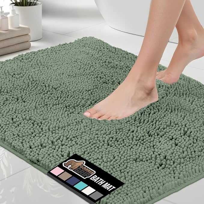 GORILLA GRIP Bath Rug Mat 60x17, Soft Absorbent Chenille, Quick Dry Microfiber Mats, Rubber Backing Washable Shower Floor Rugs, Bathmat Runner, US Designed Bathroom Home Decor Accessories Sage Green