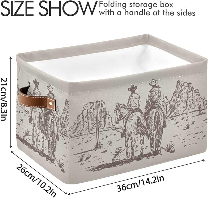 Western Desert Cowboy Storage Basket Cube Storage Bins Organizer Bag Collapsible Closet Shelf Baskets with handle for Cloth Book 14.2×10.2×8.3 IN